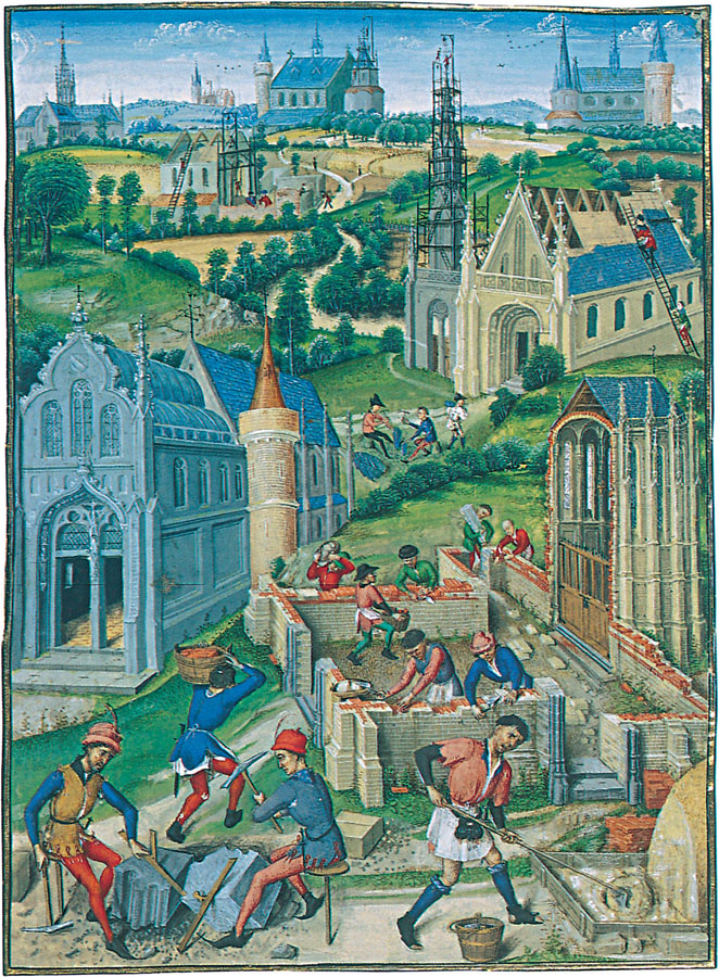 Enluminure du XVe siècle tirée du Roman de Girart de Roussillon représentant des bâtisseurs au travail, dont certains portent un tablier.